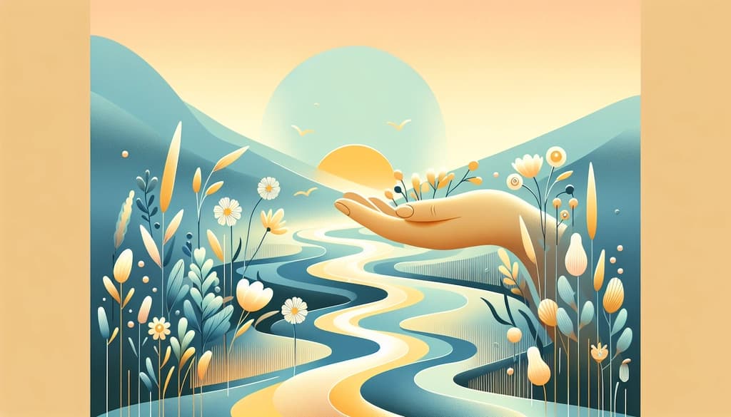 Hand offering wildflowers over a creek at dawn with mist and grass.