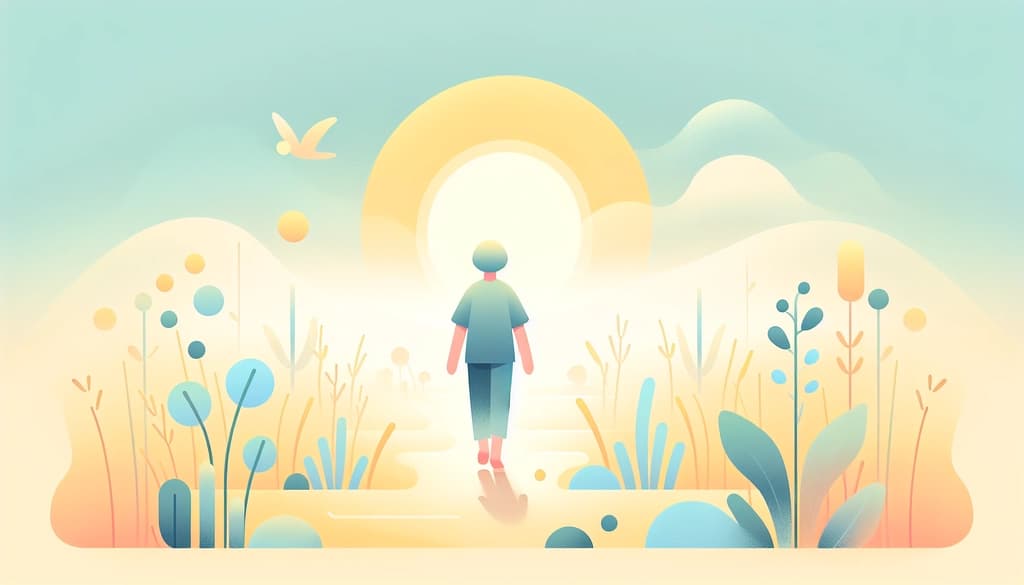 Person walking in a misty sunrise meadow, barefoot and curious.