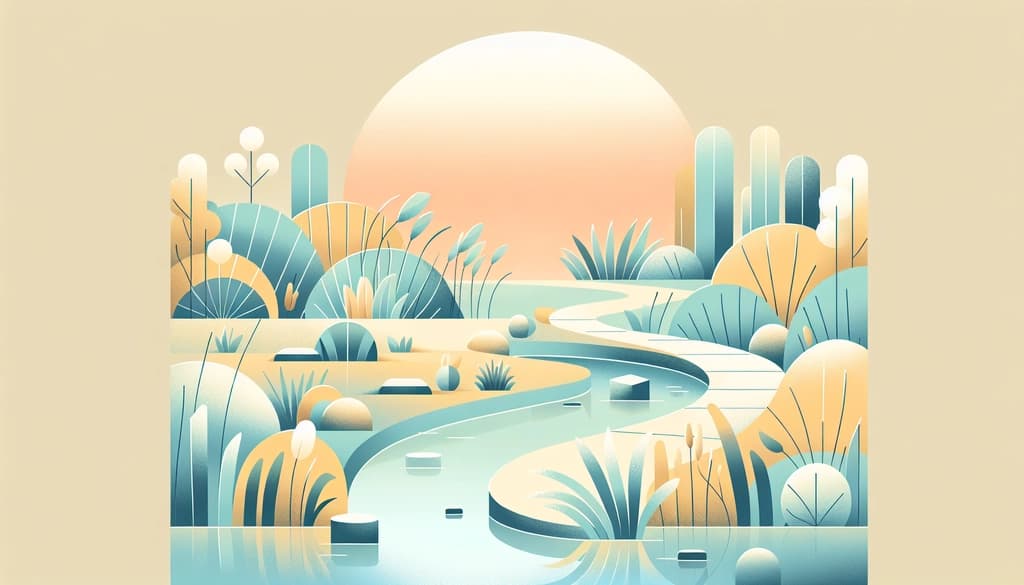 A curved stone path in a peaceful garden at dusk, surrounded by wild grasses and reflective water.