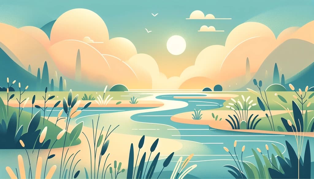 A soft river moves through dew-kissed grass at sunrise, gentle mist rising above the water.