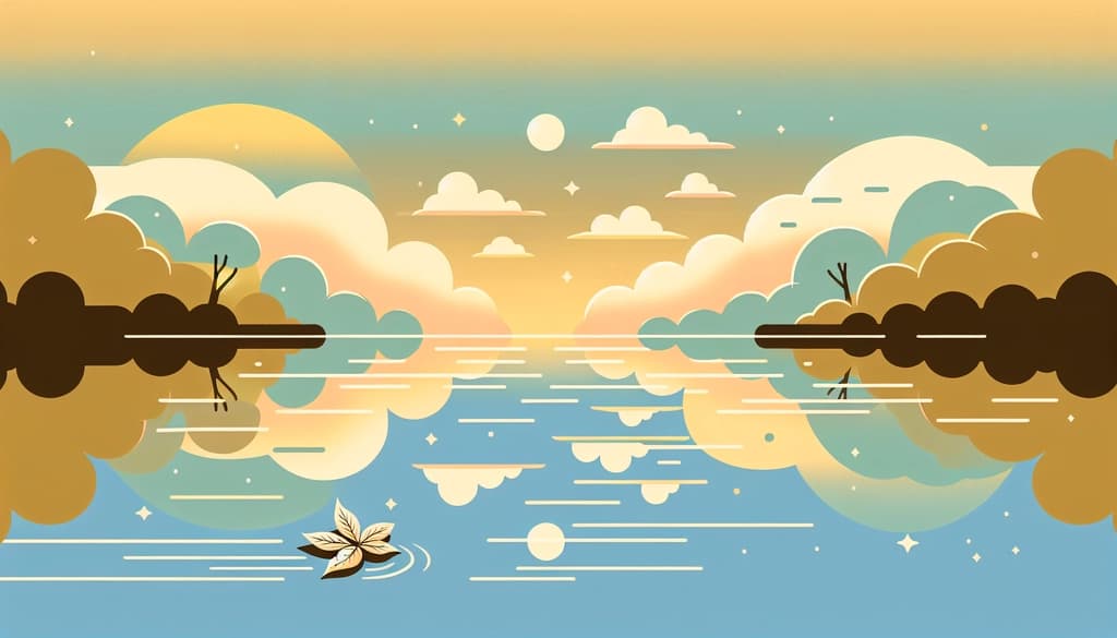 A solitary leaf floating on a quiet river at dusk, gentle clouds and water reflections.