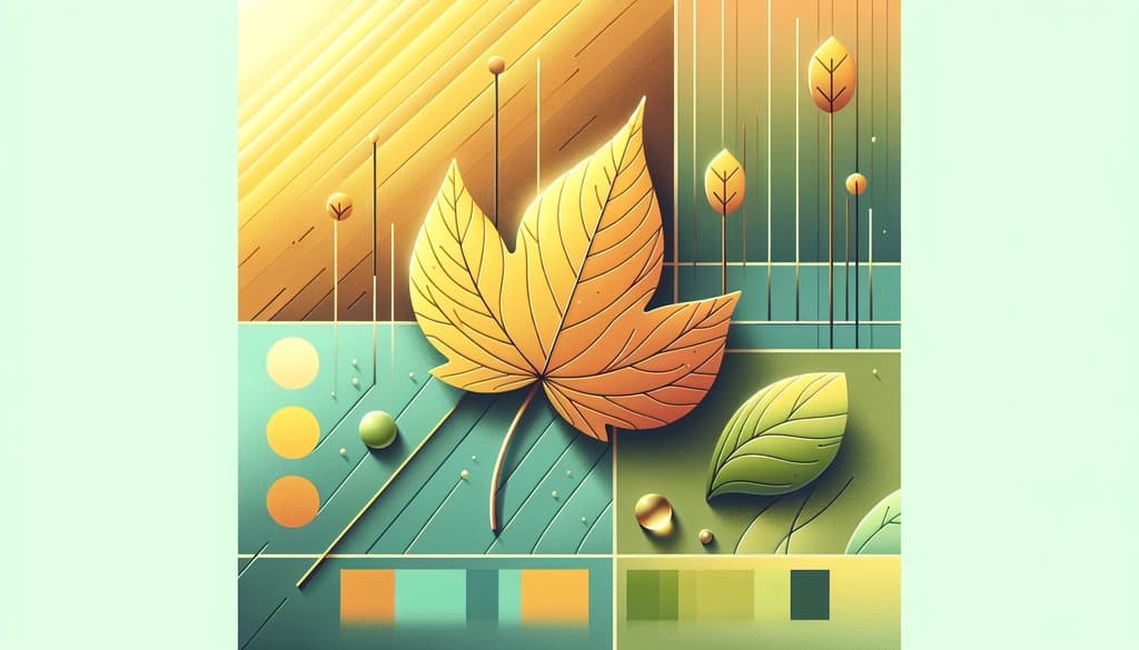 alt="Golden autumn leaf on forest floor, with new green shoots emerging nearby in morning light."