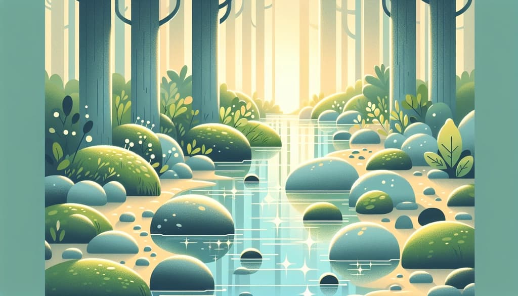 alt="Mossy stones in a sunlit forest stream, water gliding around natural imperfections."