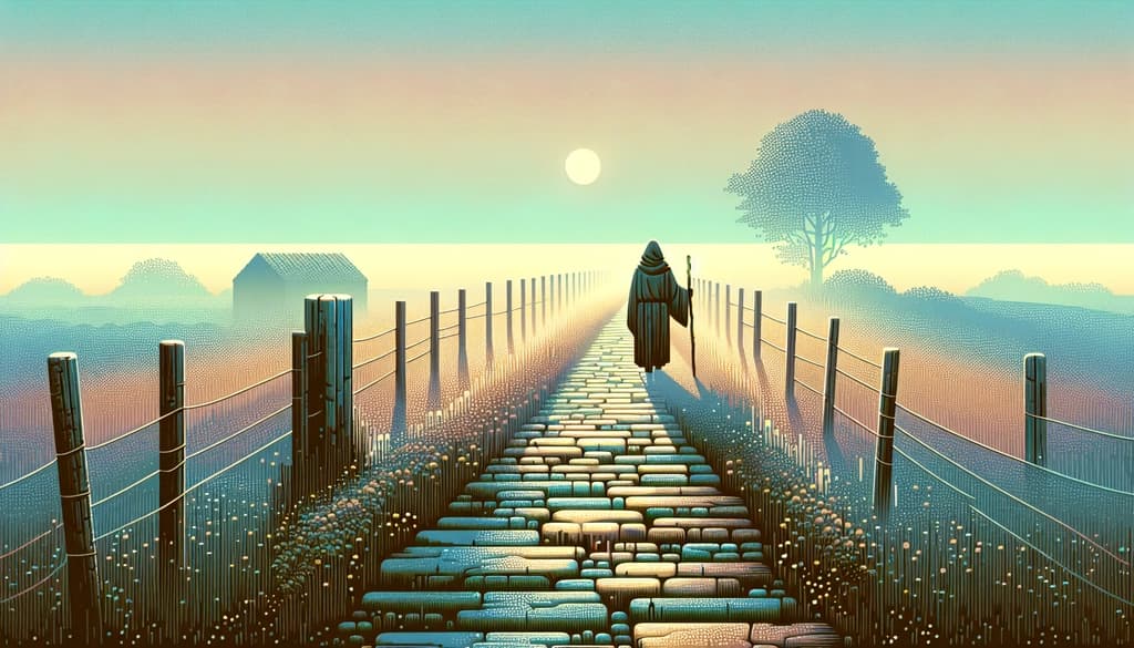alt="Person walking a stone path at dawn through misty fields toward an open, sunlit horizon."