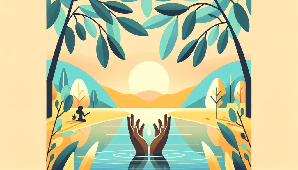 Alt="Woman with open hands beside a river under soft morning light, leaves and water reflecting peace."