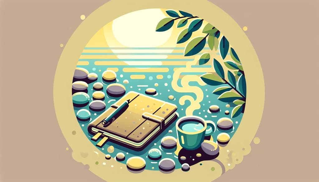 An open journal by a riverbank with tea and morning light, reflecting nearby leaves.