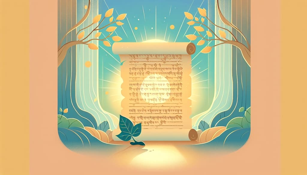 Ancient Buddhist manuscript with Pali writing and Bodhi leaf in quiet morning light.