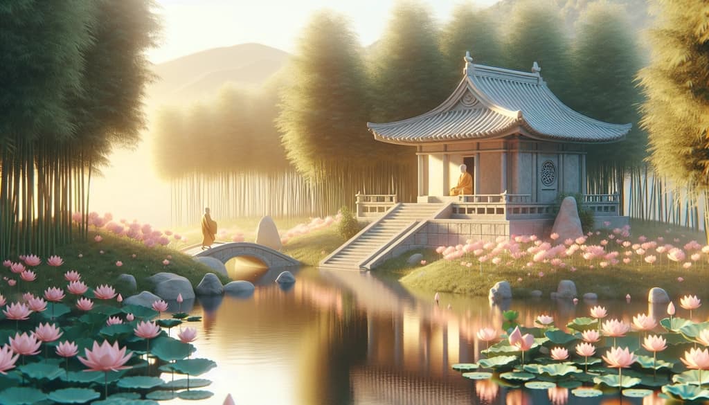Buddhist monk walking by a lotus pond at dawn near a stone temple, mist and sunlight surrounding him.