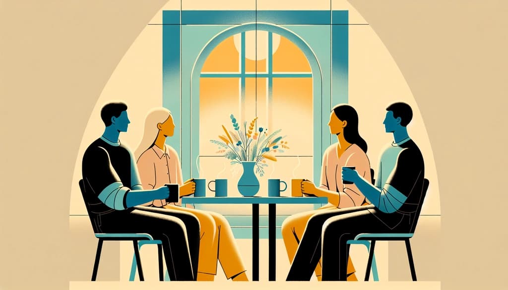 Colleagues pause together in morning light, quietly practicing mindfulness at work.