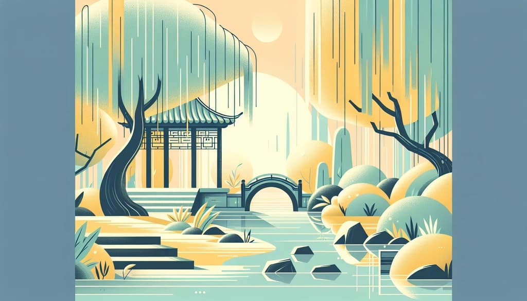 Contemplative person in a peaceful garden with willows and a pond, morning light illuminating stone steps.