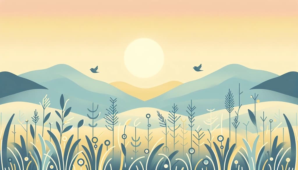 Dewy meadow at sunrise with wild grasses, misty mountains, and birds on branches.