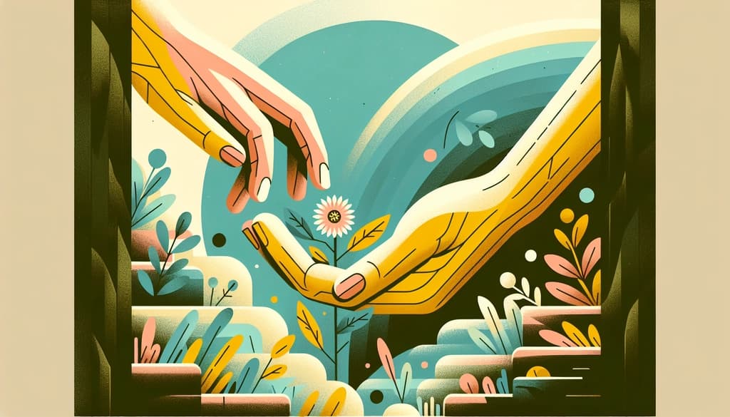 Elderly hands hold a single wildflower against sunlit stone steps, symbolizing enduring love.