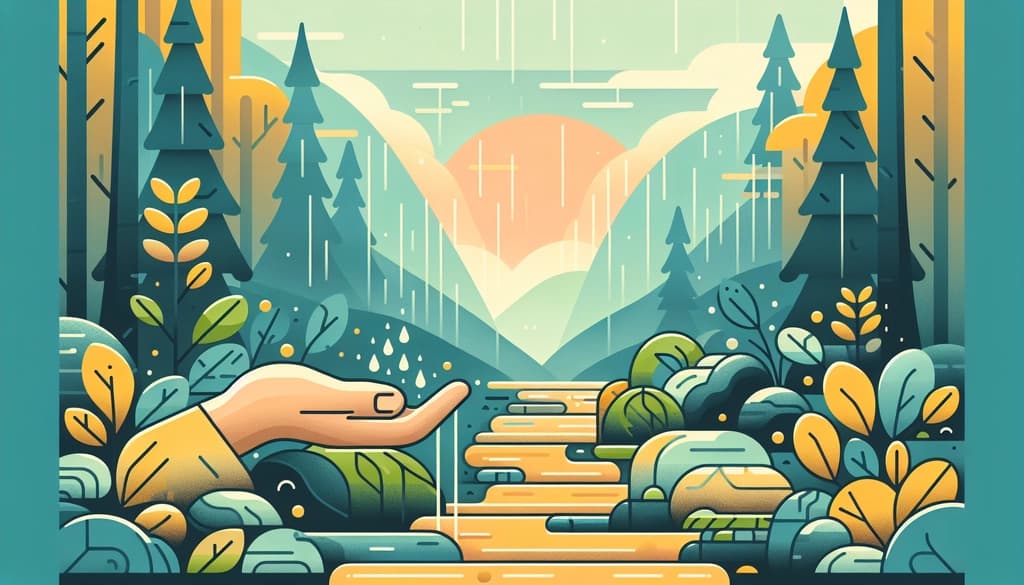 Hand resting on mossy stone in a rainy mountain forest, mist rising among trees.