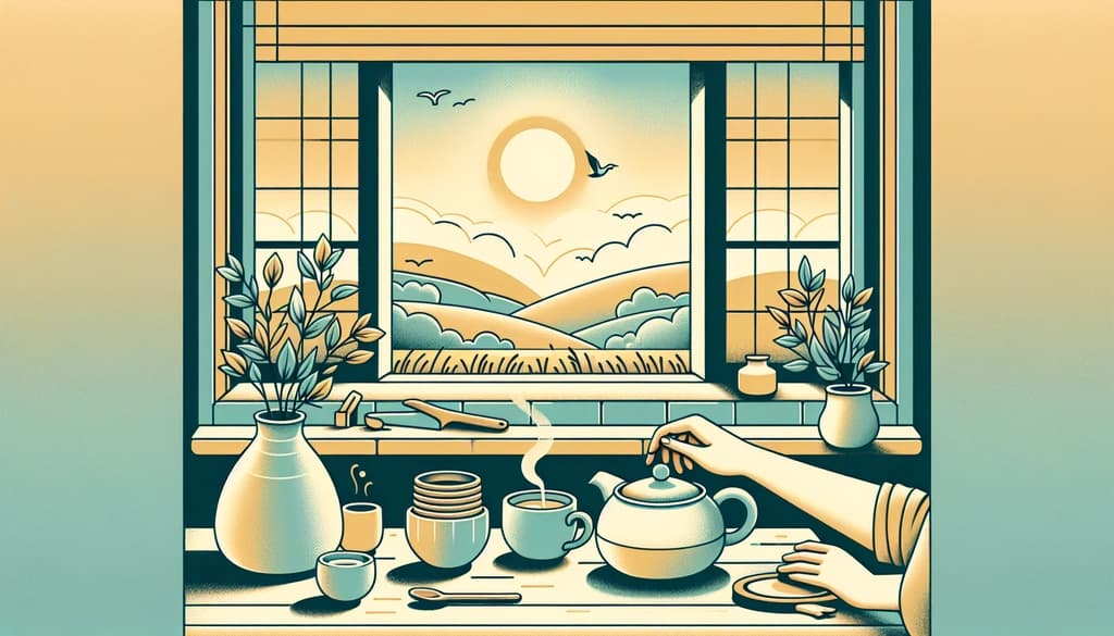 Hands preparing tea in soft sunlight on an old wooden table, with a window view of fields and birds.