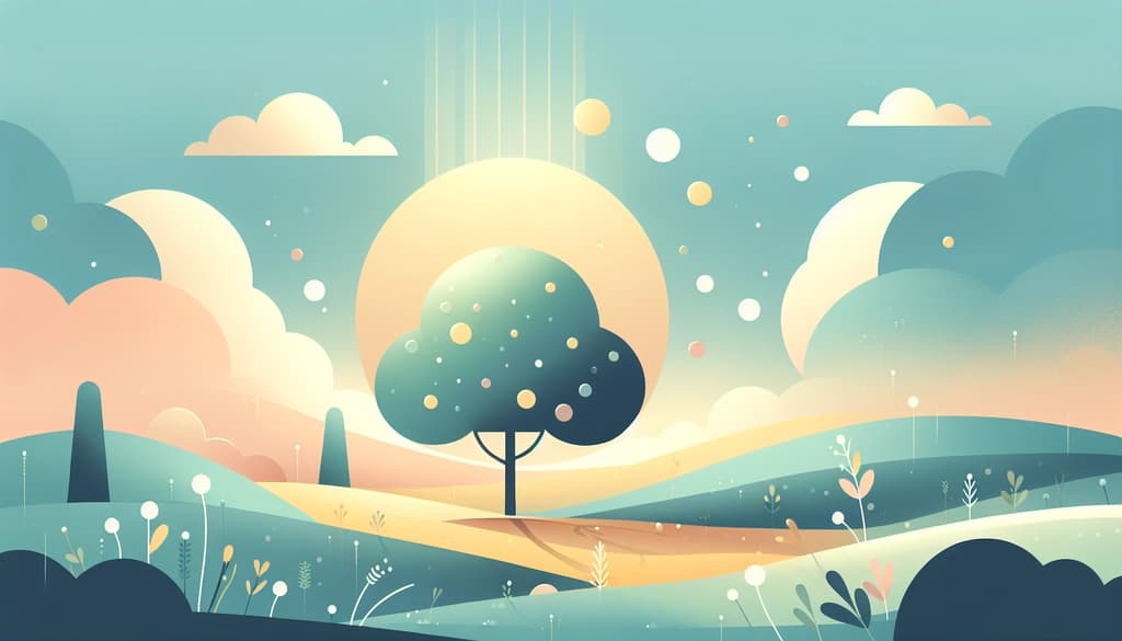 Lone tree in a bright meadow after rain, its roots visible in wet earth and morning mist.