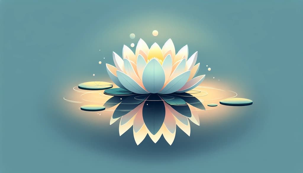 Lotus flower blooming on calm water at dawn, mist and gentle light around it.