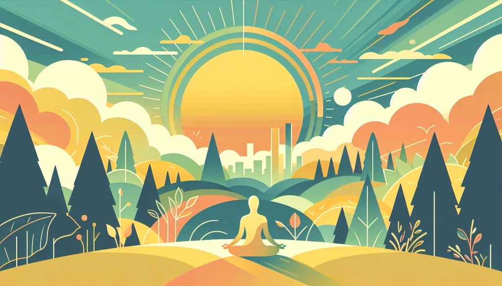 Meditator between trees and city skyline at sunrise, blending tradition and modernity.