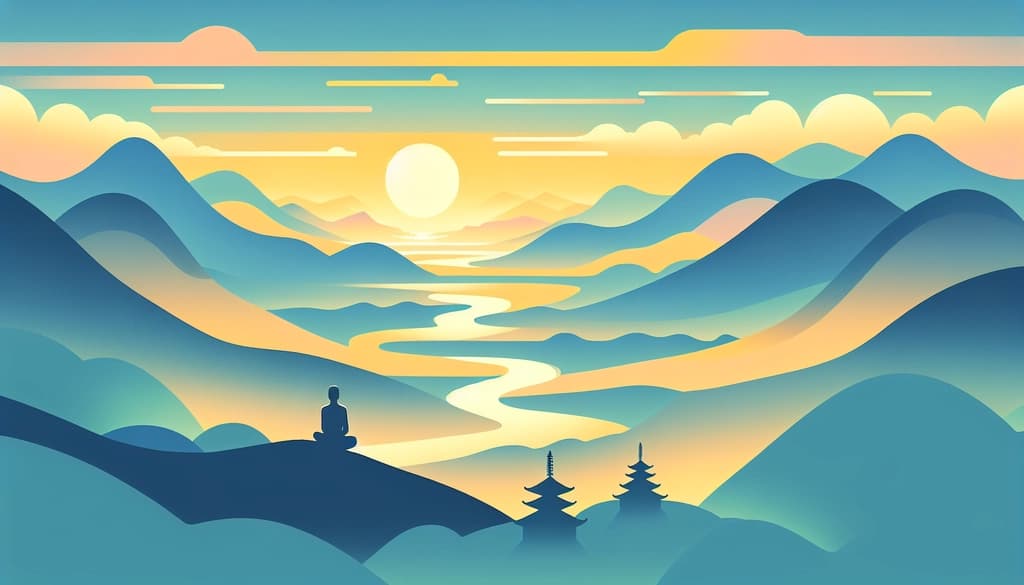 Meditator overlooks misty mountains and rivers at dawn, ancient temples scattered across the landscape.