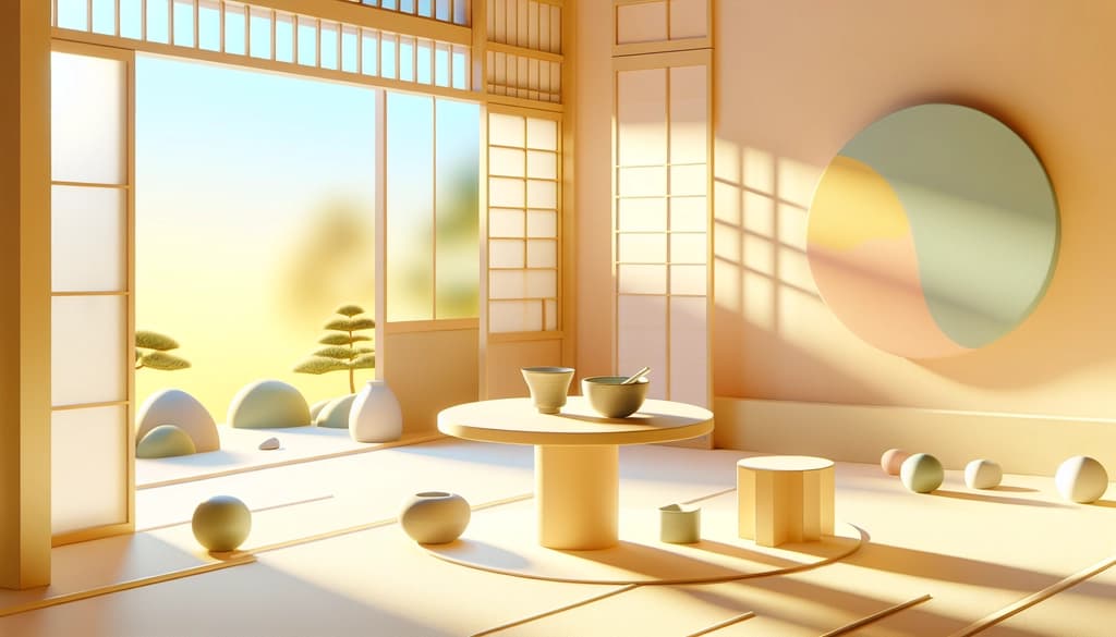 Minimalist room with a wooden table and single bowl, shoji screens, and a serene garden outside.
