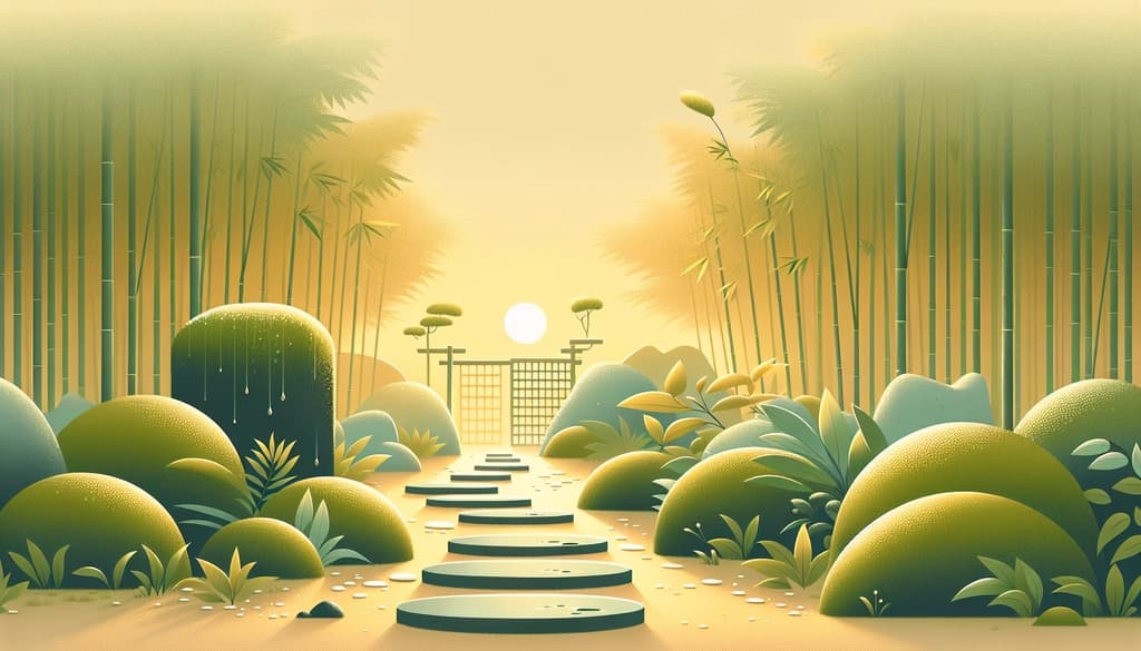 Mossy garden path at dawn with stepping stones and bamboo in misty golden light.