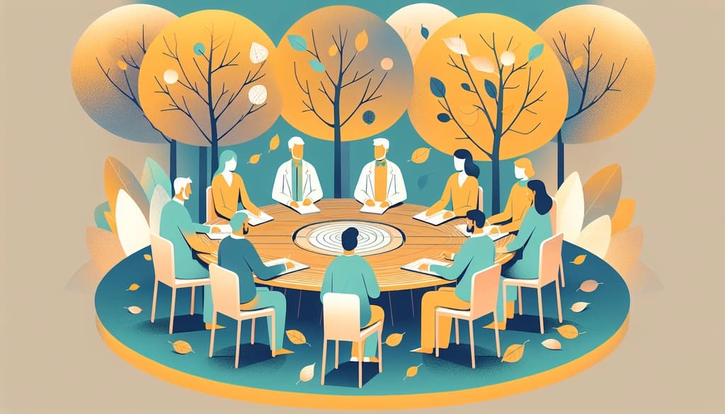 Neuroscientists and philosophers in discussion at a table beneath autumn trees, sunlight filtering through golden leaves.