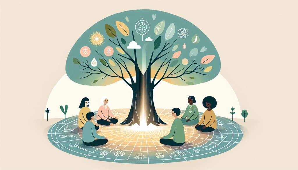 People from different backgrounds gathered in silent reflection beneath a large tree in soft sunlight.