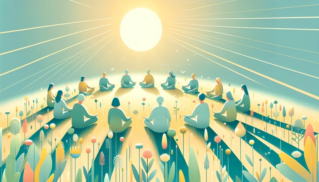 People meditating together on grass under open sky, sunlight and wildflowers surrounding them.