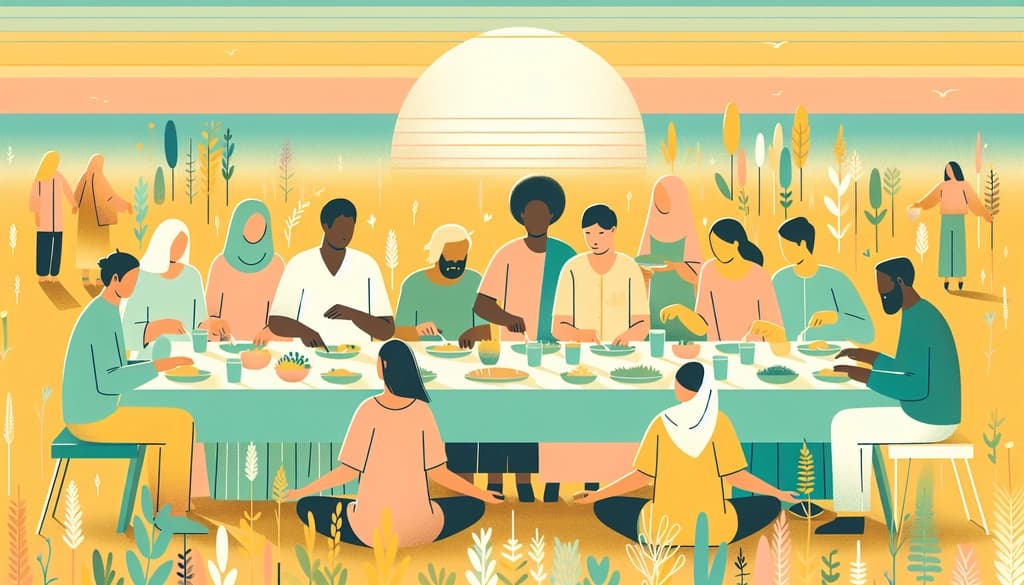 People sharing food at a long outdoor table, hands extended in sunlight, with wild grasses all around.