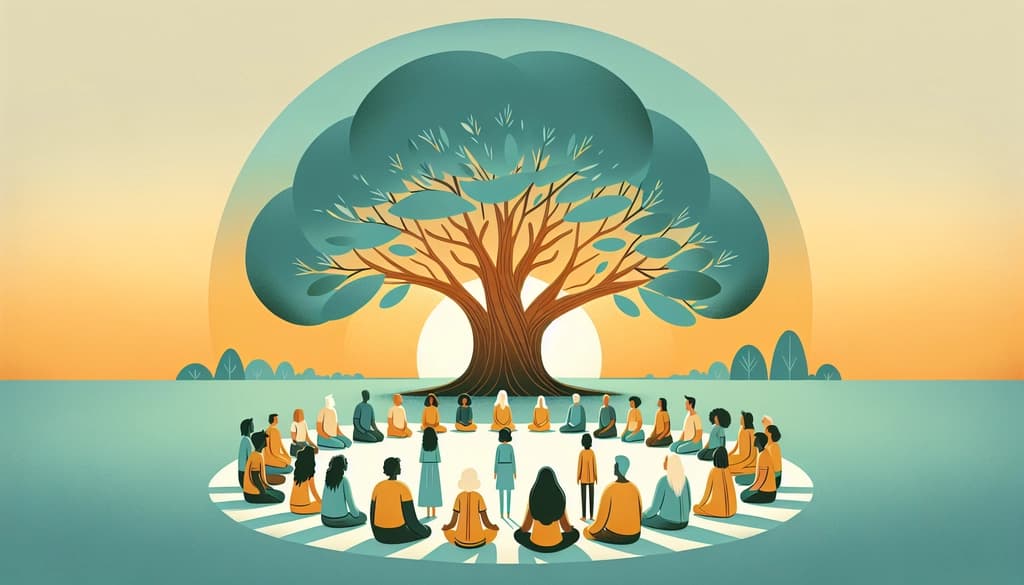 People sitting in a circle under a large oak tree at sunset, listening and speaking with care.