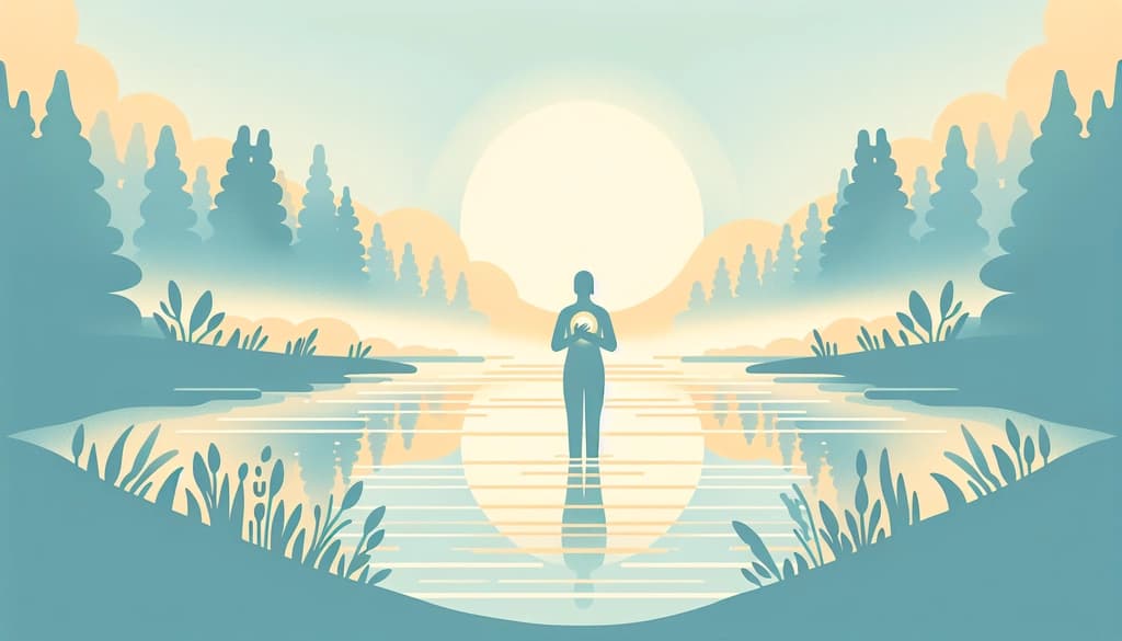 Person by a misty river at sunrise, hands at heart, pausing in gentle reflection.