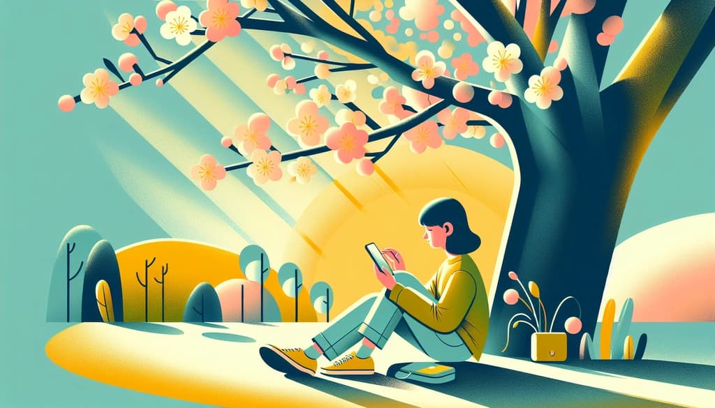Person holding phone beneath a blooming tree, sunlight and flowers signaling quiet reflection.