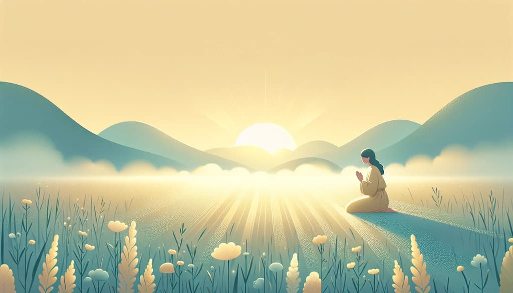 Person kneeling in a misty meadow at dawn, touching the dewy grass with quiet reverence.