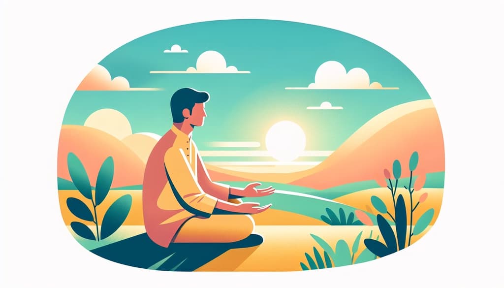 Person meditating at the edge of a sunlit meadow, surrounded by tall grasses and distant hills.