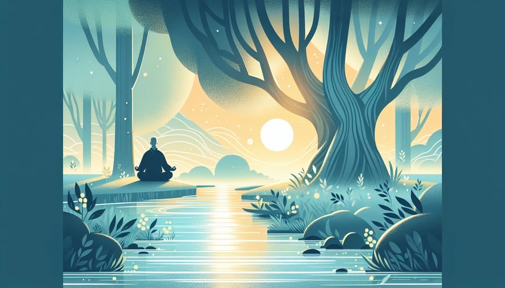 Person meditating near a river at dawn, surrounded by trees and soft morning mist.