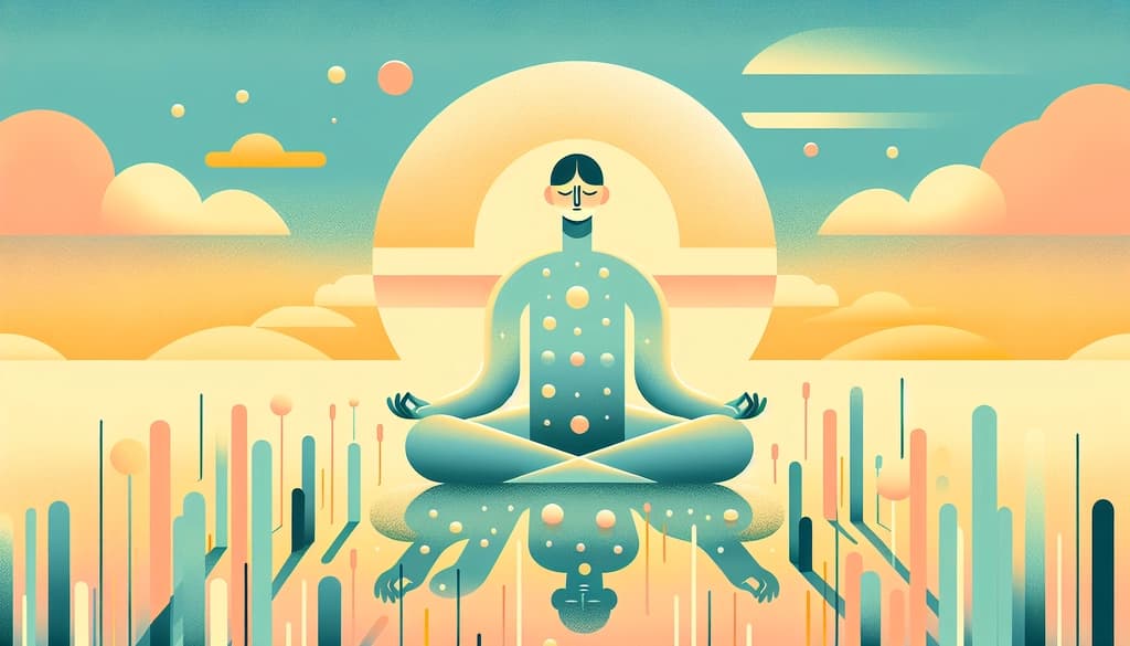 Person meditating on dew-covered grass at dawn, open-eyed, with soft light and wide sky.