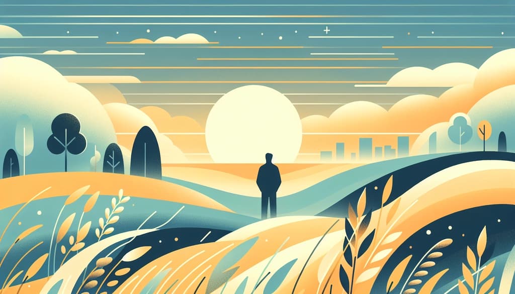 Person on a sunrise hilltop above misty golden fields, city skyline in the distance.