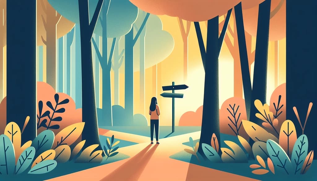 Person pausing at a misty forest fork at sunrise, surrounded by uncertainty and soft light.