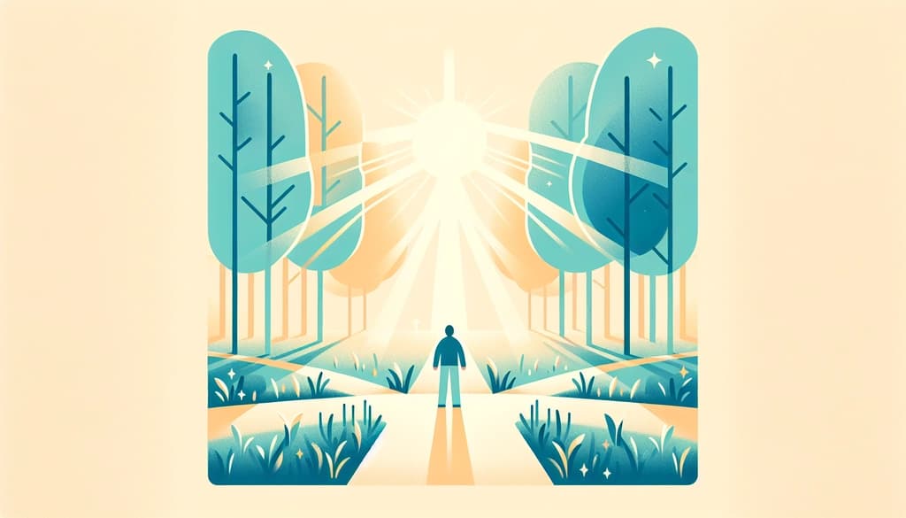 Person pausing at a sunlit woodland crossroads, considering their path through gentle morning mist.