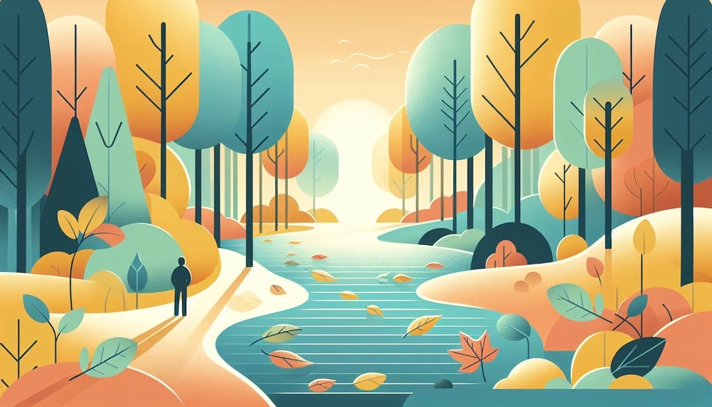 Person pausing by a misty river in autumn, surrounded by drifting leaves and quiet forest.