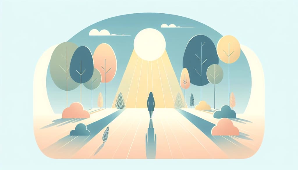 Person quietly standing at the boundary of a sunlit forest, bathed in gentle morning light.