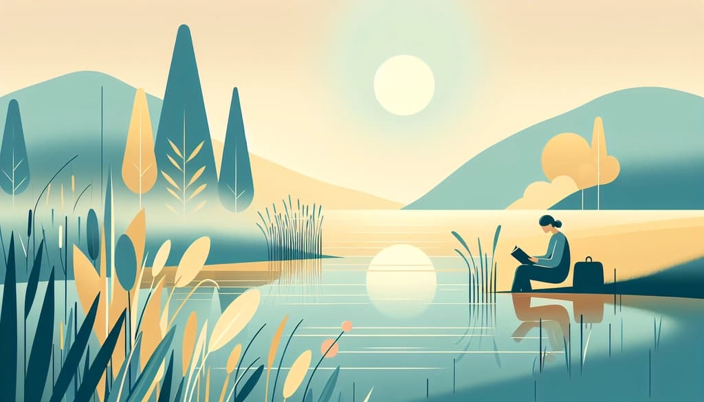 Person reflecting by a quiet lakeshore at dawn, journaling in the soft mist.