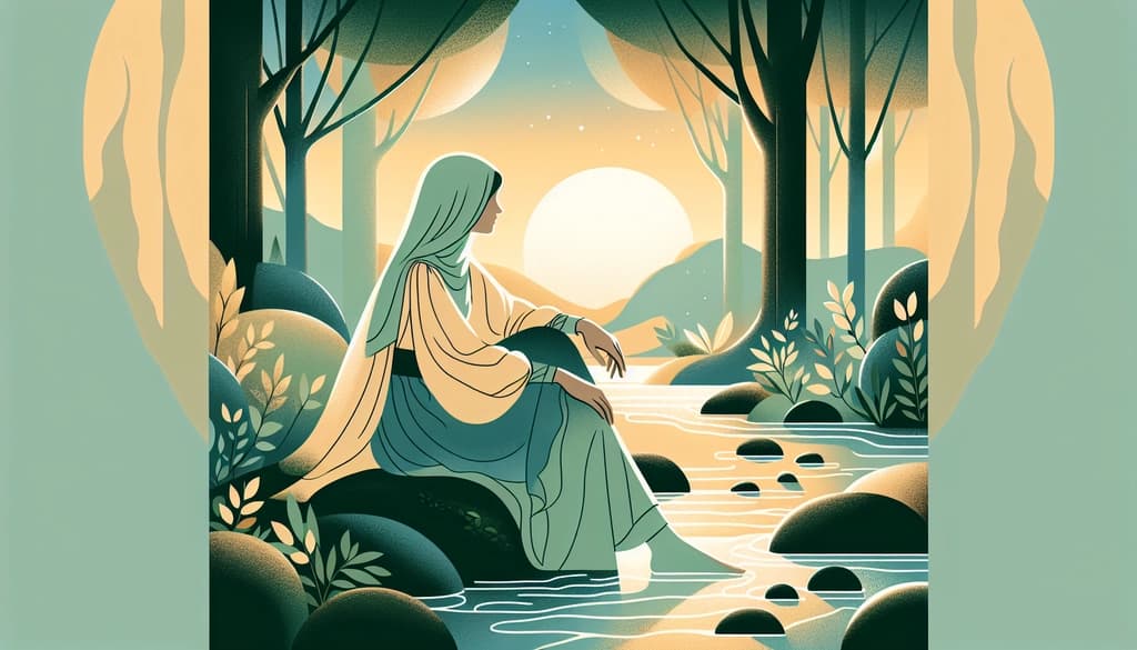 Person resting beside a stream in evening forest light, lost in quiet contemplation.