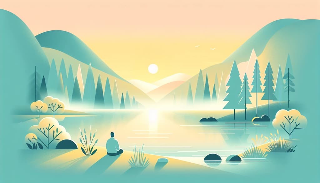 Person sitting beside a still mountain lake at sunrise, surrounded by mist and pines, radiating quiet clarity.