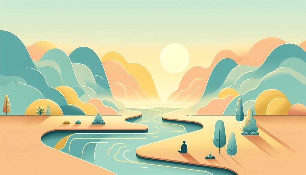 Person sitting by a misty river at sunrise, mountains in the distance, peaceful and contemplative.