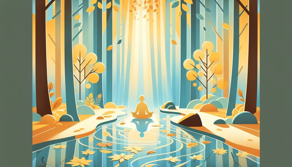 Person sitting by an autumn forest stream, with falling leaves and filtered sunlight.