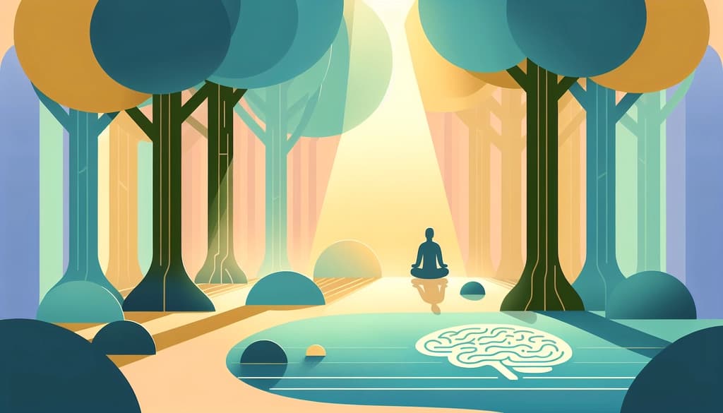 Person sitting in a sunlit forest, tree shadows suggesting a brain’s pattern on a calm pond.