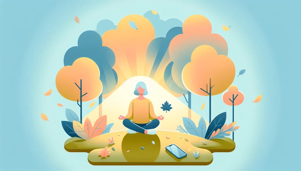 Person sitting peacefully under trees with a phone placed aside, sunlight filtering through leaves.