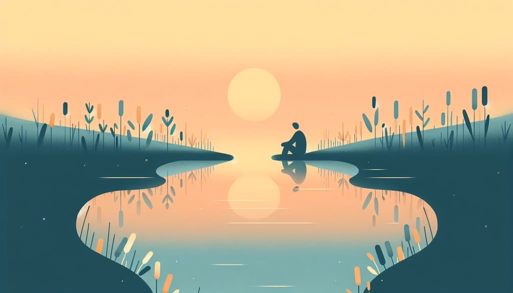 Person sitting quietly beside a river at dusk, posture reflecting contemplation and gentle awareness.