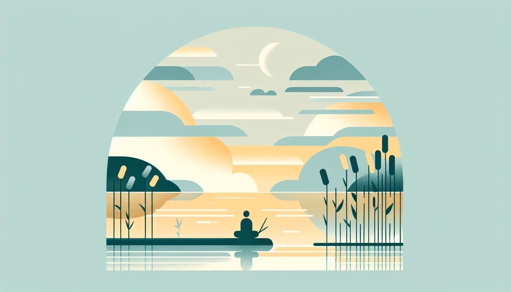 Person sitting quietly by a tranquil lake under gray skies, surrounded by reeds.