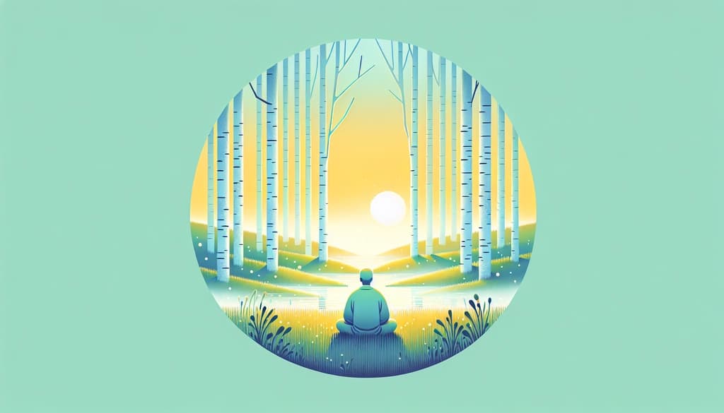 Person sitting quietly in a dewy forest clearing at dawn, surrounded by birch trees and morning mist.